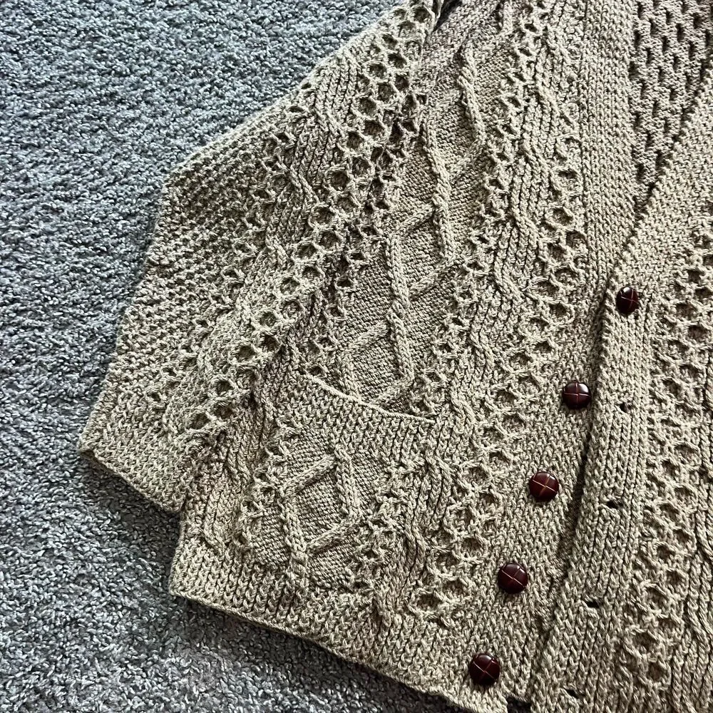VTG Aran Islands Ireland Wool Cardigan Sweater Brown Fisherman Chunky Knit Sz L